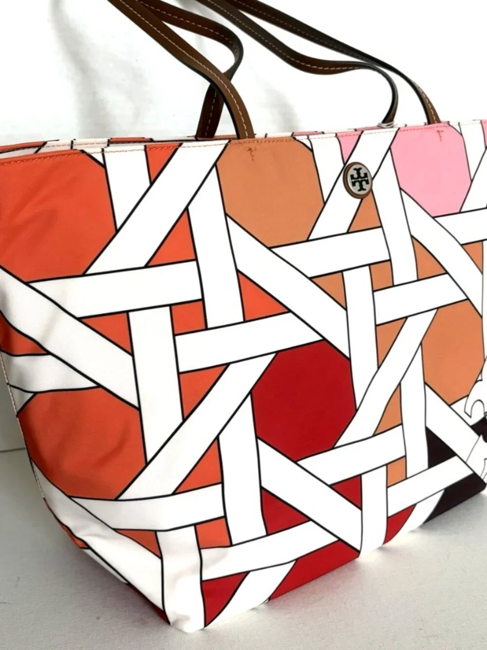 New Tory Burch Nylon Printed Tote Colorblock Pink-Red Basketweave
